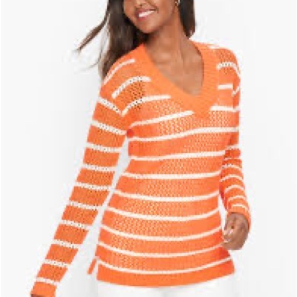 Talbots Petites Open Weave V-Neck Shaker Style Sweater SP Striped V Neck Cotton - Picture 2 of 8